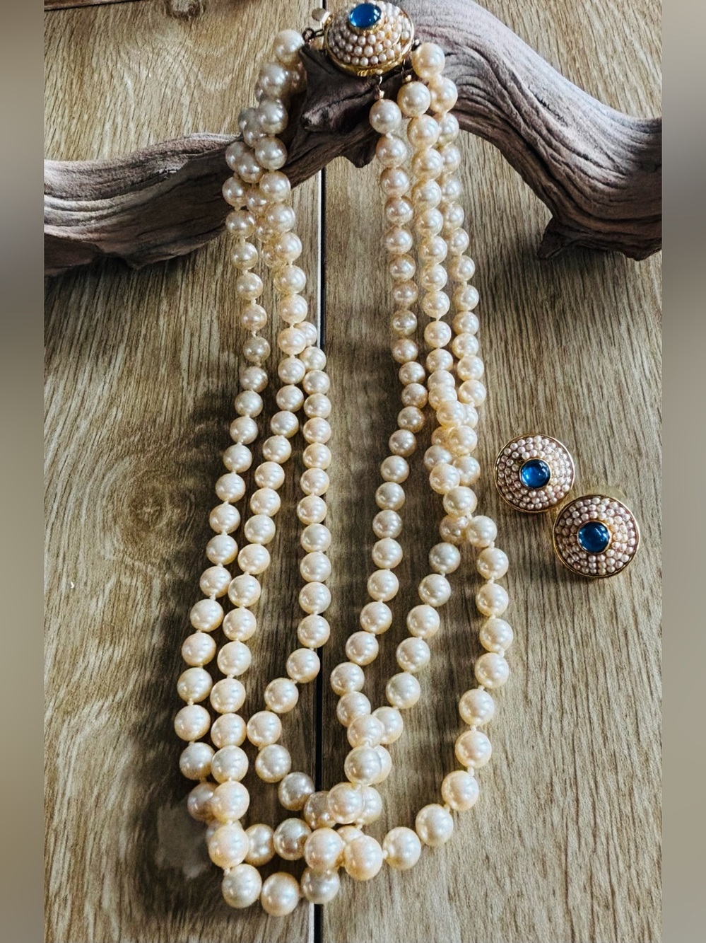 Ross Simmons Cream Pearl Multi-Strand Necklace with Sapphire Clasp